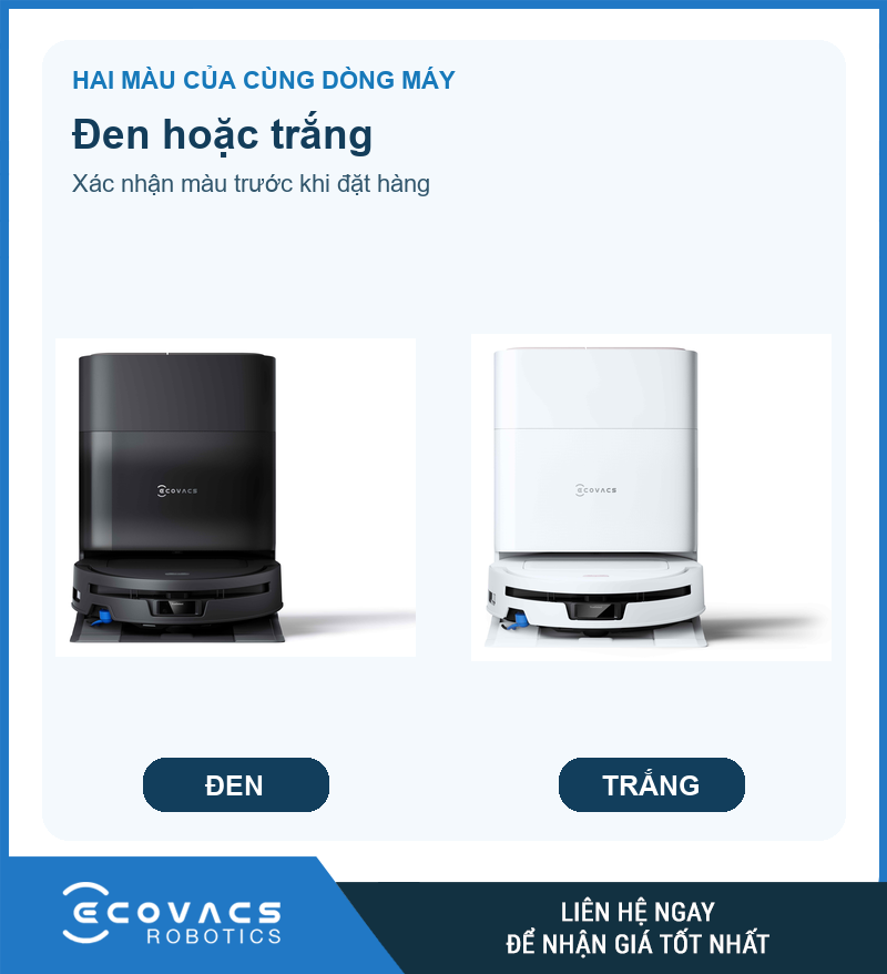Trạm và robot Ecovacs T80 Max Omni màu đen đặt cạnh phiên bản màu trắng